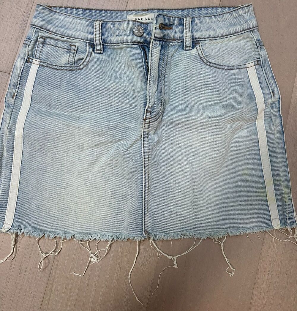 PacSun Denim Mini Skirt Thrashed Summer Staple Festival Distressed Skater 25